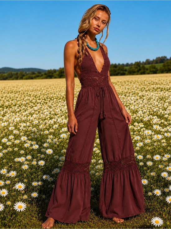 Free People Pants - Free People Freya Crochet One Piece Jumpsuit in Brown XL NWT